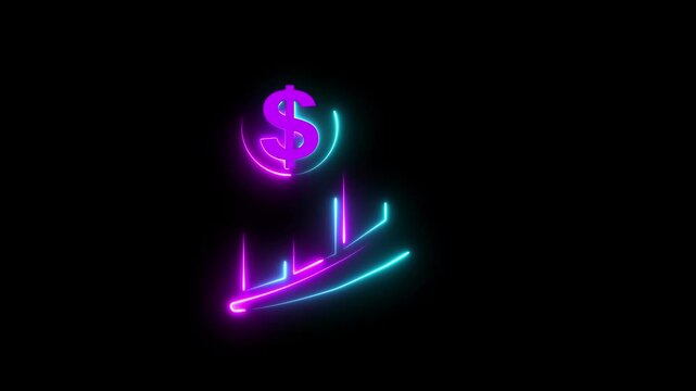 neon glowing business graph and dollar animation. Animated glowing red neon financial growth and dollar sign on black background.