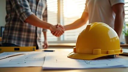 yellow safety helmet on workplace desk with construction worker team hands shaking greeting start up plan new project contract in office center at construction site, partnership and contractor concept