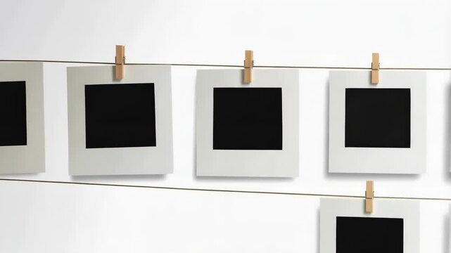 Blank white photo frames hang with small wooden clothespins on a thin rope against a bright white background forming organized grid