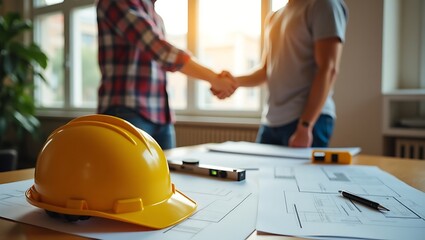 yellow safety helmet on workplace desk with construction worker team hands shaking greeting start up plan new project contract in office center at construction site, partnership and contractor concept