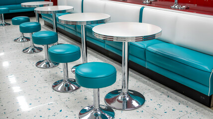 A retro-style diner interior with turquoise leather banquette seating along a white wall. In front of the banquette are several chrome and white circular tables with turquoise leather bar stools .