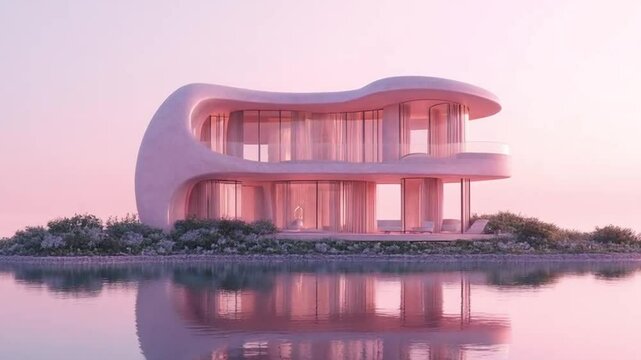Pink house located on a small island surrounded by calm water. The building stands out against natural scenery with trees and sky in the background. Peaceful, scenic, and vibrant atmosphere.