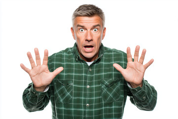Fototapeta premium A middle-aged man frozen in a startled stance, eyes wide open and mouth agape, shoulders raised in tension, palms facing outward as if caught off-guard, isolated on white background, 