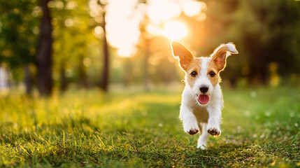 A Jack Russel terrier running joyfully through a sunny field, embodying energy and happiness.