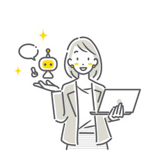 AIを活用して仕事をする若いビジネスパーソン　シンプルでお洒落な線画イラスト