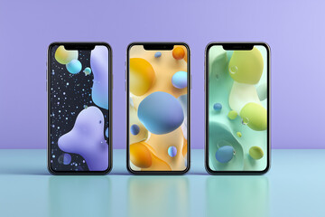 Three smartphones displaying vibrant abstract wallpapers with colorful bubbles and shapes, set against a soft purple background