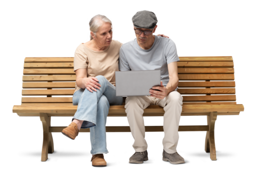 Focused mature couple sitting on a wooden bench and looking at a laptop together. Studio shot isolated on white background. Both are dressed casually, the man wears glasses and a flat cap