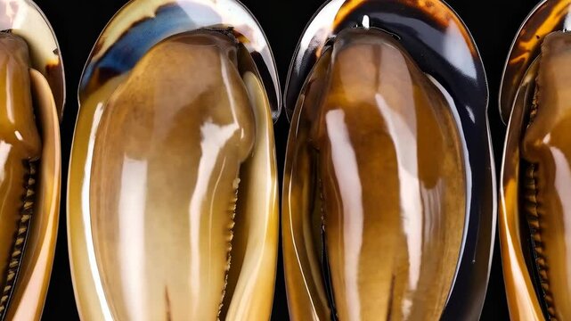 Close-up studio shot of four shiny clam shells in brown, tan, blue, and black tones, lined up against a black background, glossy surface reflecting light.