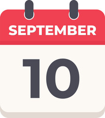 10 September Daily Calendar Icon in flat design style red and white