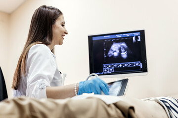 Young pregnant woman undergoing ultrasound diagnosis at clinic. Concept early pregnancy monitoring...