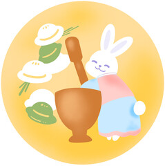 한국 명절 추석에 사용하기 좋은 일러스트. 보름달에서 여자 한복을 입은 토끼 캐릭터가 송편을 만들고 있다. 