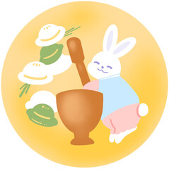 한국 명절 추석에 사용하기 좋은 일러스트. 보름달에서 남자 한복을 입은 토끼 캐릭터가 송편을 만들고 있다. 