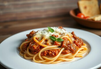 Fototapeta premium Classic spaghetti with rich meat sauce, melted cheese, comfort food, tasty