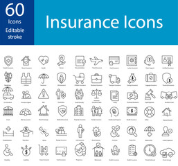 60 Insurance and assurance icon set. Containing healthcare medical, life, car, home, travel insurance icons. Solid icons vector collection