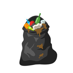 Full black garbage bag with visible trash like food waste and bottles. Vector illustration perfect for waste management, recycling, and pollution awareness concepts