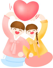 한국 명절 추석, 설날 안부 인사 이미지. 한복을 입은 커플이 웃으며 팔과 손으로 하트를 만들고 있다.