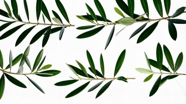 Olive branches on a stark white background, showcasing the vibrant green leaves and intricate branch details in a clean studio setting.
