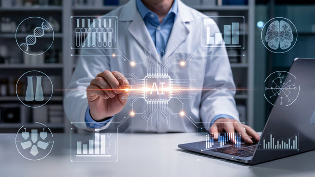 Medical Researcher Analyzing AI-Driven Health Data background,  Digital technology background, innovative technology Wallpaper,  Website header banner, information security analyst
