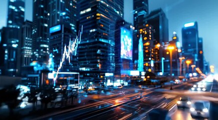 Financial growth and stock market analysis overlay on urban cityscape with fast moving traffic light trails - Powered by Adobe