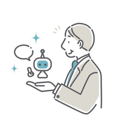 A simple and stylish line drawing of a middle-aged business person using AI for work