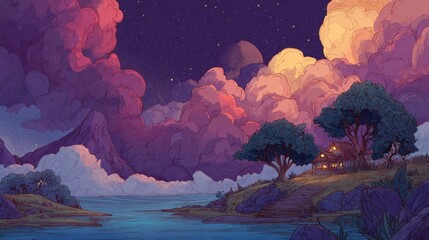 Lake House Under Starry Sky with Clouds