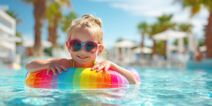 A happy child with cool sunglasses smiles brightly while playing with a colorful beach ball in a vibrant blue swimming pool at a sunny resort, embodying summer fun and vacation joy