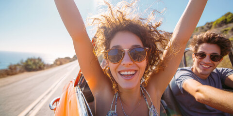 A vibrant image of two happy individuals enjoying a convertible car ride with arms raised, surrounded by palm trees and blue skies, perfect for themes of summer, road trips, freedom, and vacation