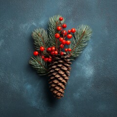 Pine Cone with Berry and Evergreen Branch