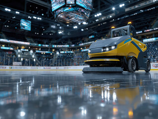 Ice resurfacing machine on hockey rink, showcasing modern design and functionality, preparing the surface for an upcoming game in a large arena with bright lights