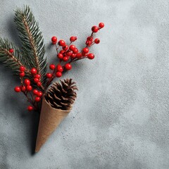 Pinecone with Berries and Evergreen on Gray Background