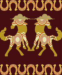 Golden Fantasy Horses with Lunar Motifs on Deep Red Background 