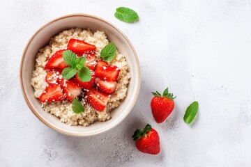 Overhead shot a bowl of quinoa topped with sliced strawberries and mint leaves set on a textured white surface with additional strawberries  mint