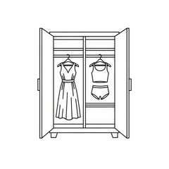 Open wardrobe with a dress and a set of underwear hanging inside on hangers in a line art style
