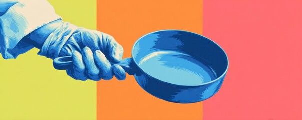 Hand Holding Blue Pan on Colorful Background
