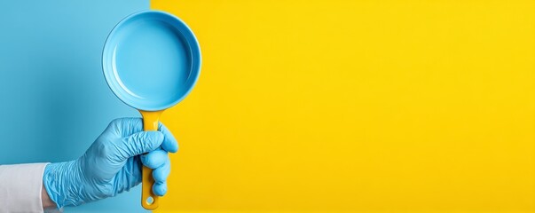 Hand Holding Pan with Blue and Yellow Background