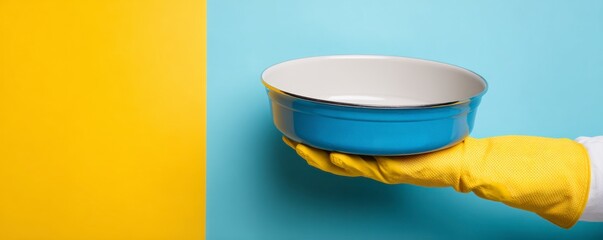 Blue Oven Dish Held by Glove