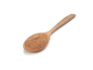 Cinnamon powder on wooden spoon isolated on white background 