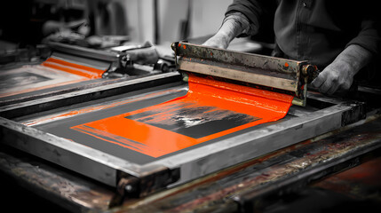 fractured iconography. | sharp edge masking | mid-century advertising | brutalist graphics | High-resolution stock photo: screen printer in action, left composition, copy space available. silkscreen