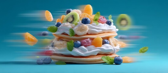 Vibrant photo of fluffy cloud made of pancakes, fruit, and cream, floating in the air. The scene is captured with dynamic motion blur to emphasize speed and movement. A vibrant.