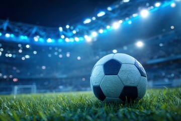 Fototapeta premium Soccer ball on grass stadium lights glow above blurred crowd in the background