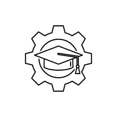 A line drawing of a graduation cap inside a gear representing education and technology integration