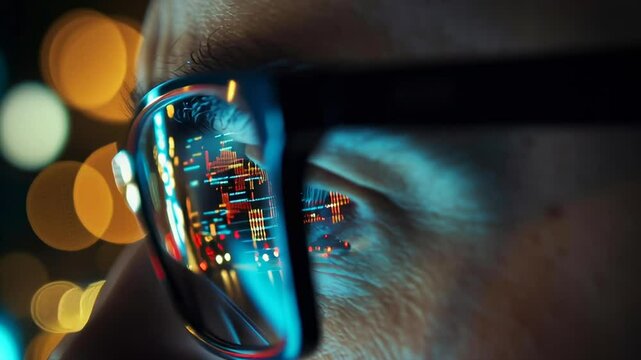 A person is looking at a computer screen with a reflection of a city in their glasses. The reflection is blurry and distorted, giving the impression of a futuristic cityscape