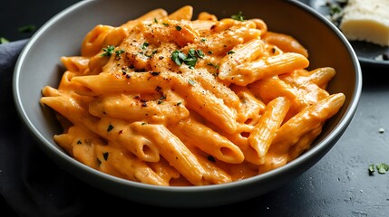 Penne pasta with creamy sauce and parsley in bowl on wooden table