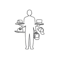 Line drawing of a person holding hats with multiple arms showing different hat styles and headwear types