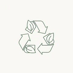 A simplistic line drawing of a green recycling symbol with leaves on a plain white background design