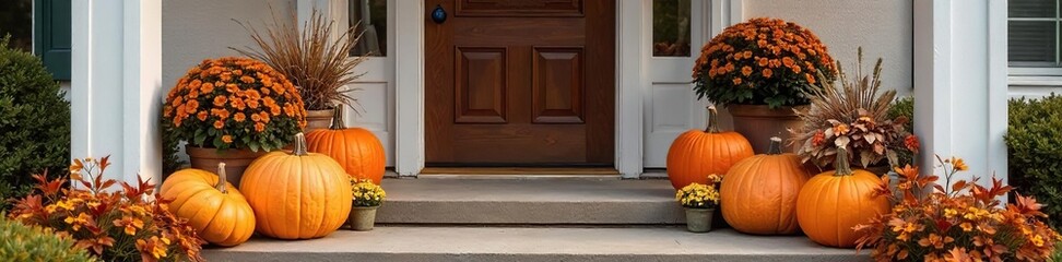 A charming autumnal front porch display featuring pumpkins, gourds, and fall foliage, perfect for seasonal decorating inspiration , entryway, outdoor decor