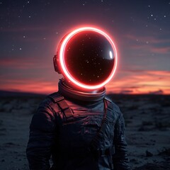 Astronaut in Futuristic Helmet with Stars and Space Background