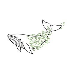 Whale outline adorned with green leaves creating a nature inspired aquatic animal illustration