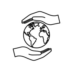 Outline drawing of earth globe being held protectively between two hands on a white background