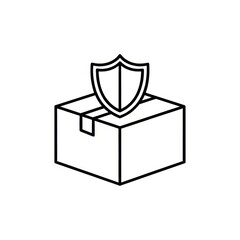 Outline drawing of a cardboard box with a shield symbol on top representing secure delivery service